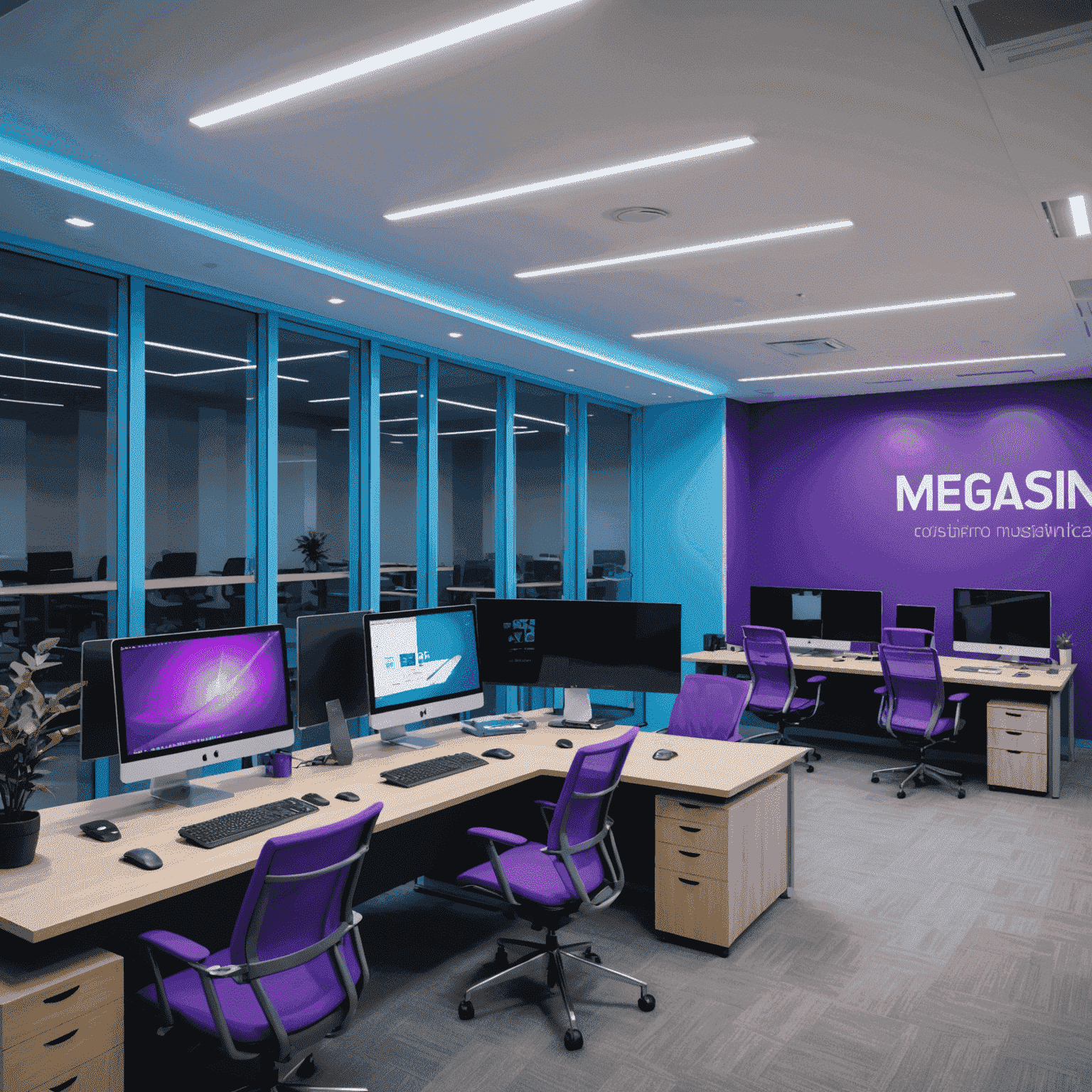 Vista panorâmica do moderno escritório da MegaSwinSpins em Portugal, com estações de trabalho ergonômicas, áreas de colaboração e decoração futurista em tons de azul e roxo neon