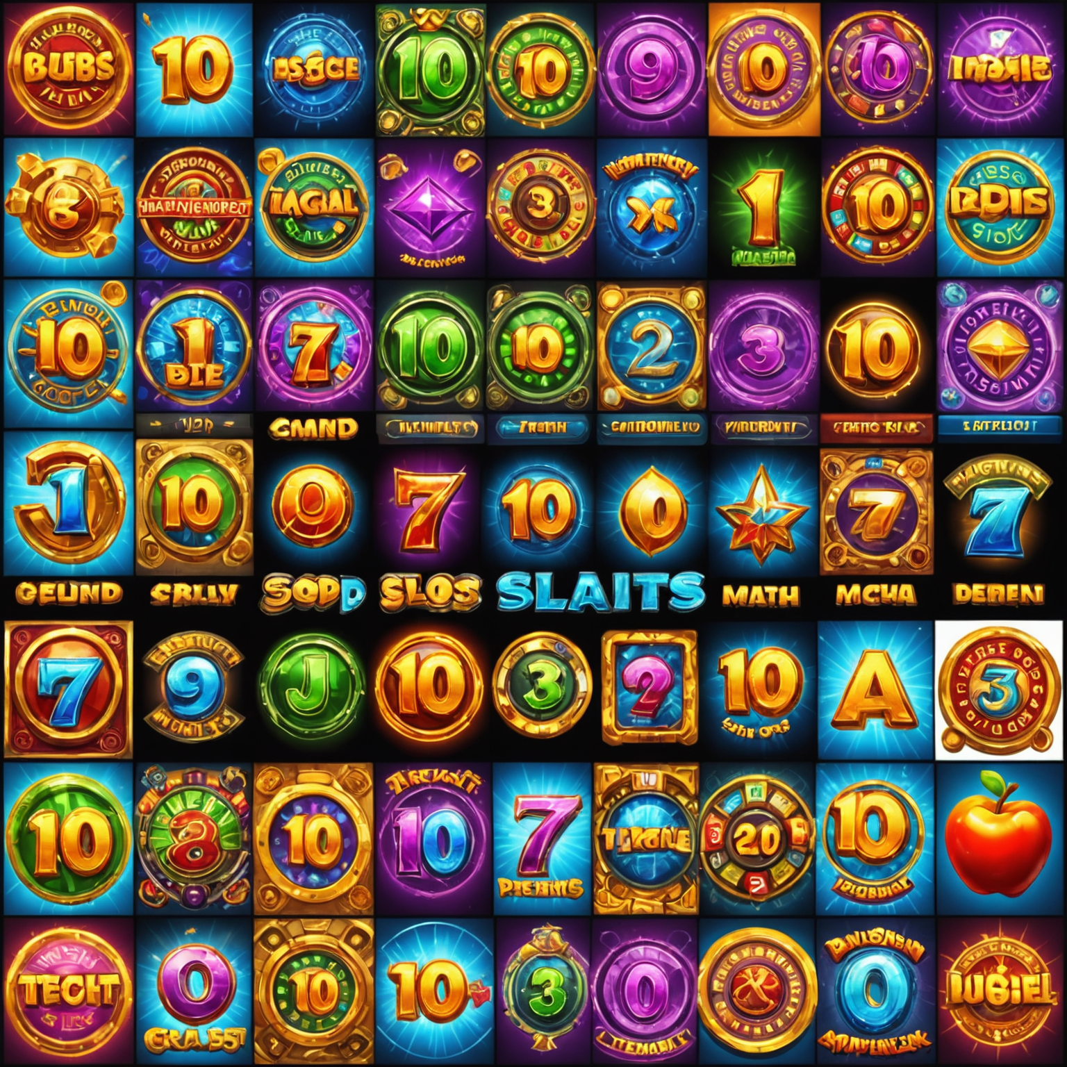 Colagem de 10 slots virtuais populares, cada um com seu próprio tema único e símbolos brilhantes, dispostos em uma grade 3x3 com o logotipo do MegaSwinSpins no centro