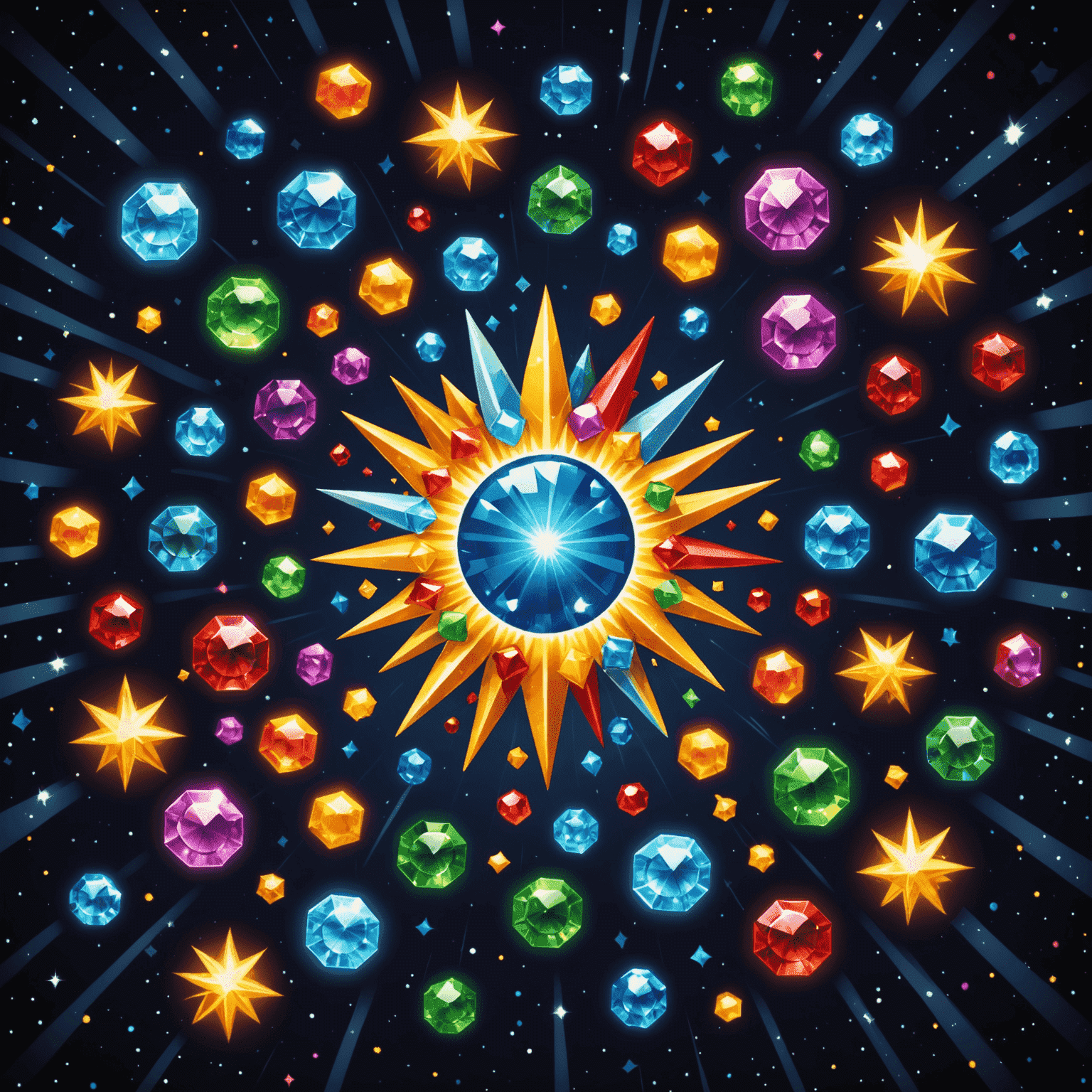 Imagem do jogo Starburst com pedras preciosas coloridas e brilhantes em um fundo espacial