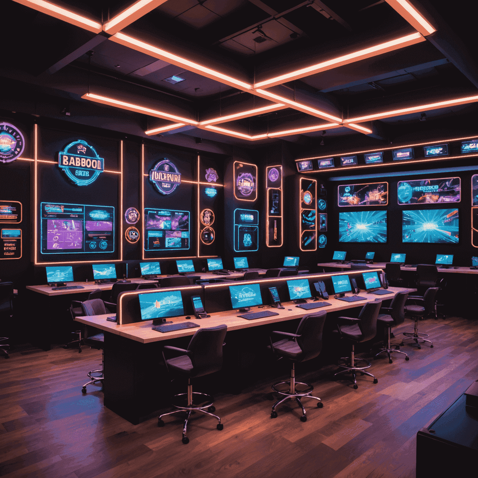 Área de trabalho aberta com mesas modulares, telas interativas e iluminação neon, onde a equipe colabora em projetos de slots de casino social