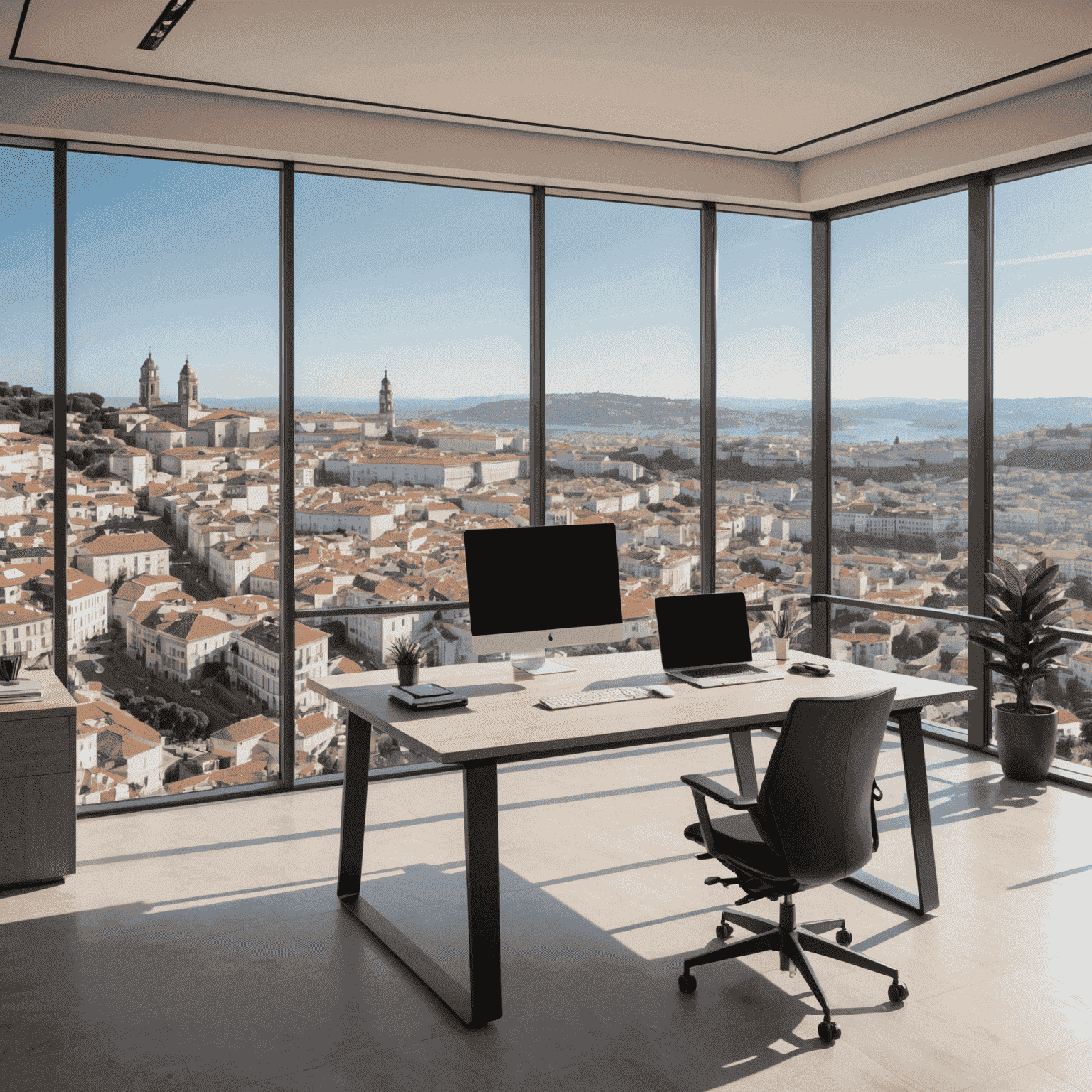 Imagem panorâmica do escritório moderno do MegaSwinSpins em Portugal, mostrando espaços de trabalho abertos, tecnologia de ponta e uma vista deslumbrante da cidade portuguesa ao fundo