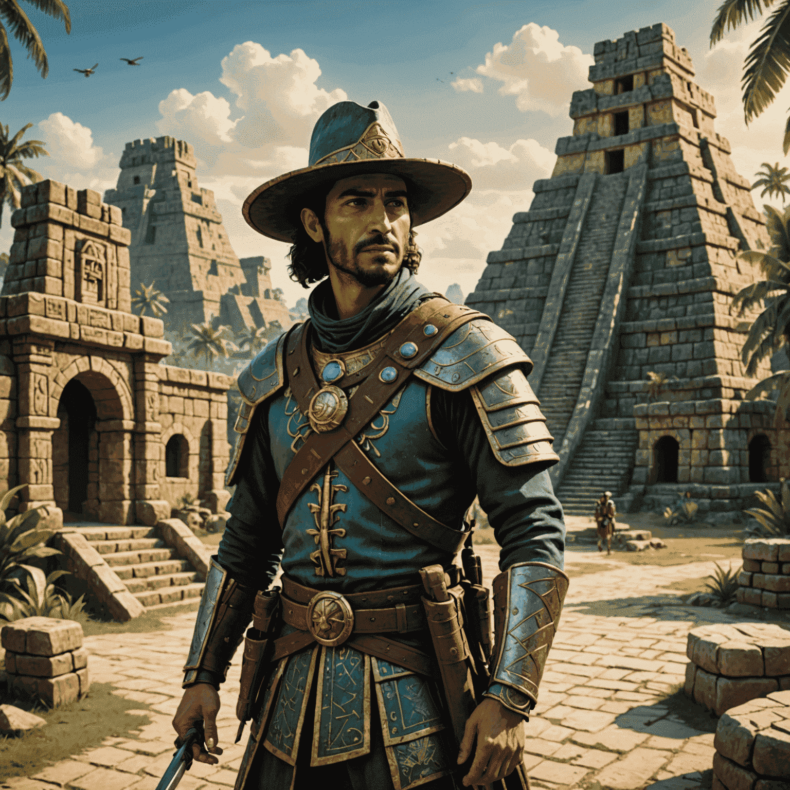 Imagem do jogo Gonzo's Quest com um conquistador espanhol em frente a uma antiga cidade maia