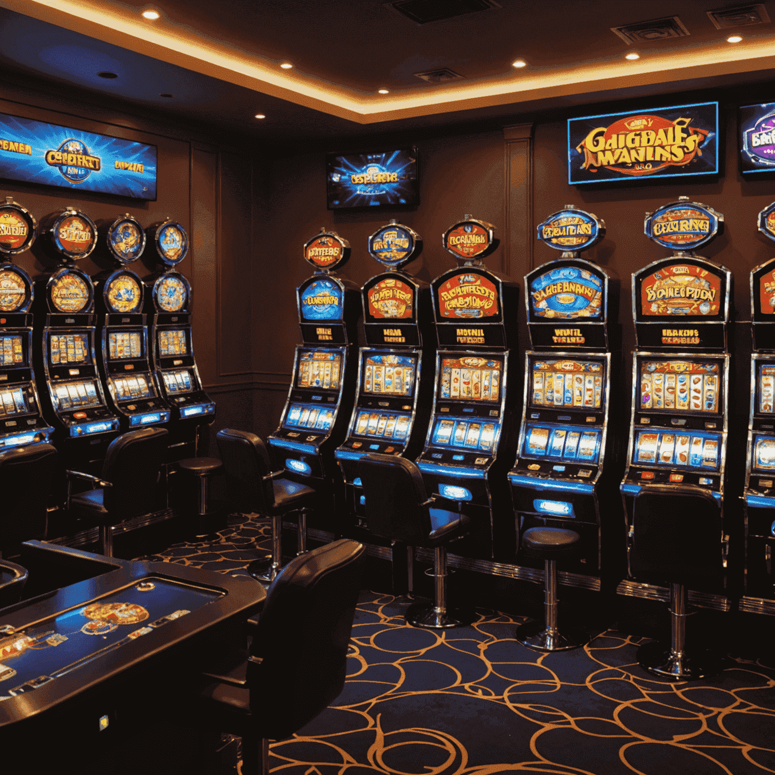 Sala de jogos com máquinas de slots reais e virtuais, onde a equipe testa e aperfeiçoa os jogos do MegaSwinSpins