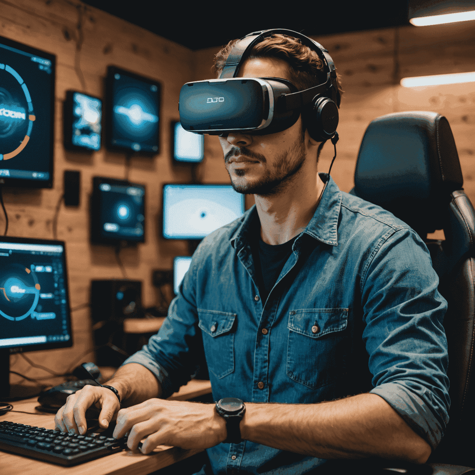 Retrato de João, designer de UX/UI, usando óculos de realidade virtual enquanto trabalha em uma interface de slot