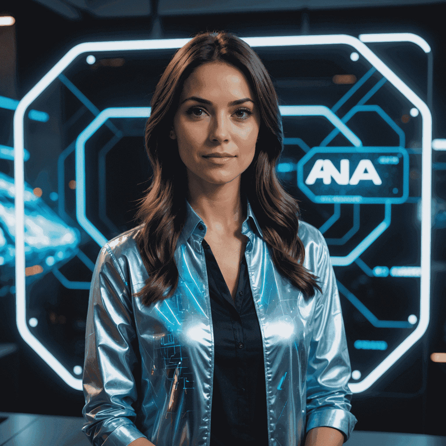 Retrato de Ana, gerente de produto, apresentando um novo conceito de jogo em uma tela holográfica