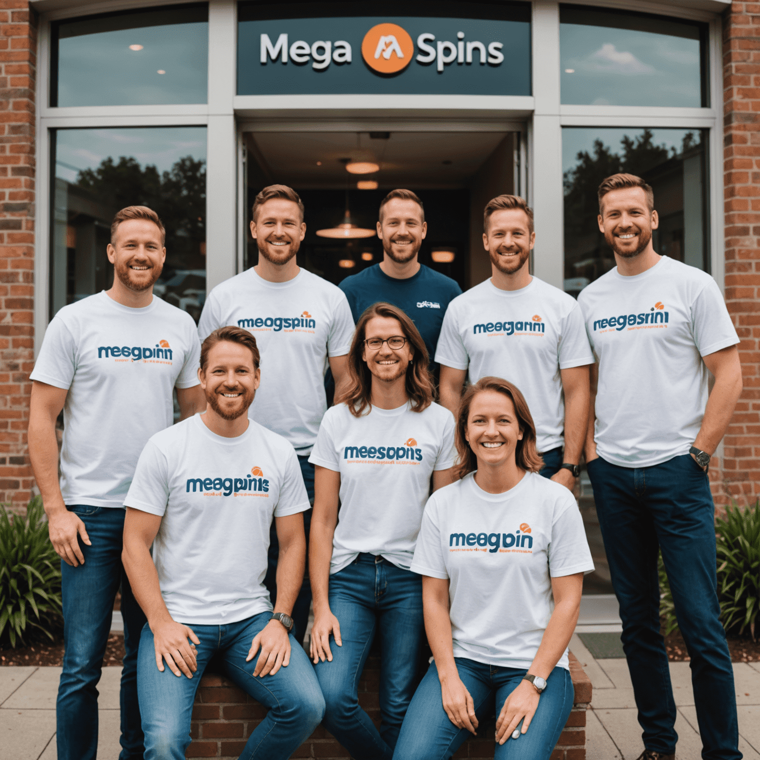 Foto da equipe completa da MegaSwinSpins em frente ao escritório, todos sorridentes e vestindo camisetas da empresa com o logotipo brilhante